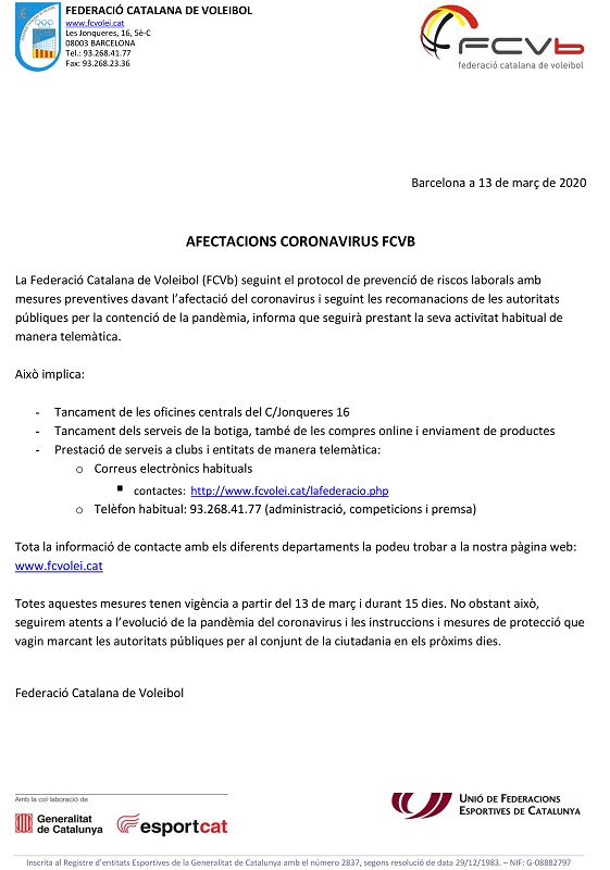Comunicat afectacions coronavirus Federació Catalana de Voleibol