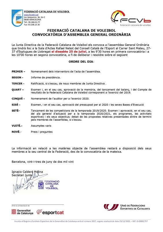 Nova data i seu de celebració de l’Assemblea General Ordinària del Vòlei Català