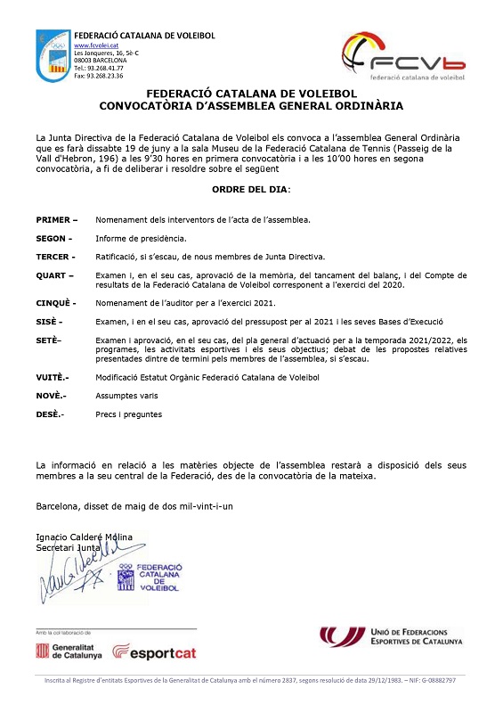La Federació Catalana de Voleibol convoca l’Assemblea General Ordinària